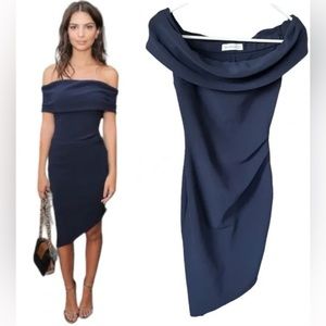 Asymmetrical navy blue off the shoulder bec and bridge dress